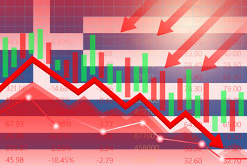 Greece Economy. Flag of Greece with Falling Financial Graph. Economic Crisis and Global Recession Concept. Vector Illustration.  