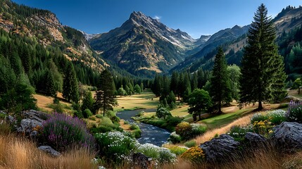 Peaceful mountain view with rolling hills high resolution image