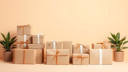 Neatly arranged package boxes in a clean composition against a soft pastel background, representing shopping concepts.