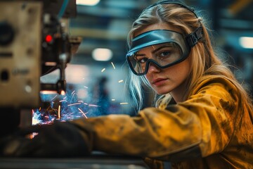 Beautiful blonde woman working as a welder in a workshop, operating a welding machine while wearing protective clothing and a mask, emphasizing safety and skill in industrial work, Generative AI