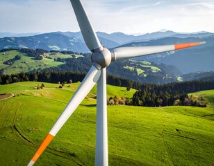 Wind turbine atop a green mountain landscape