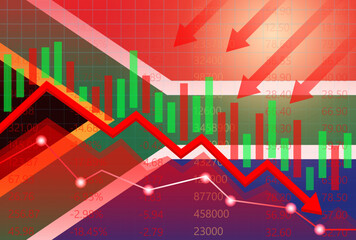 South Africa Economy. Flag of South Africa with Falling Financial Graph. Economic Crisis and Global Recession Concept. Vector Illustration.  