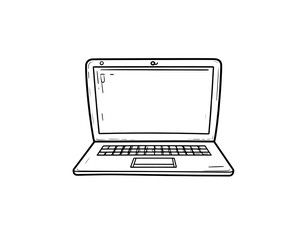 Graphic white outline sketch of an open laptop computer with a blank screen front view.