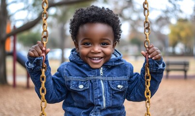 Happy African American child on a playground swing in a park, symbolizing childhood joy and inclusivity in public spaces that are accessible to all children, Generative AI