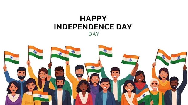 A diverse and joyful crowd of Indian citizens celebrating Independence Day. Multicultural men and women waving the national tricolor flag with pride.