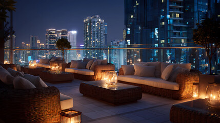 High-rise rooftop lounge with soft lighting and panoramic city skyline, generated AI
