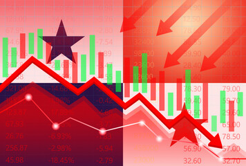 Panama Economy. Flag of Panama with Falling Financial Graph. Economic Crisis and Global Recession Concept. Vector Illustration.  