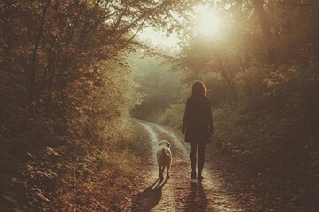 Senior woman walking outdoors in a forest with her dog, resting and enjoying the calm of nature, highlighting the benefits of outdoor exercise and companionship, Generative AI