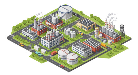Adobe Illustrator artwork 3D isometric view of an industrial zone with multiple factories, warehouses, storage tanks, roads, trucks, and cars. Ideal for industry and logistics themes