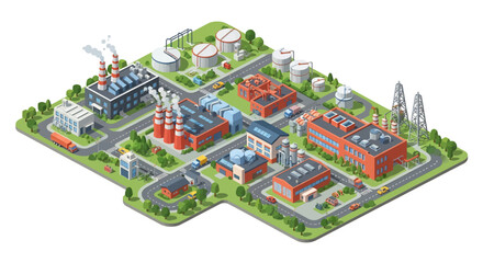 Adobe Illustrator artwork 3D isometric view of an industrial zone with multiple factories, warehouses, storage tanks, roads, trucks, and cars. Ideal for industry and logistics themes
