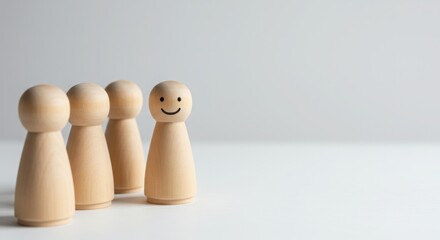 Minimalist wooden peg dolls with one smiling figure. Neutral background emphasizing individuality and expression.
