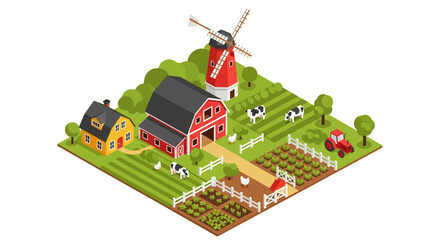 Adobe Illustrator artwork 3D isometric view of a charming farm scene with a house, barn, windmill, tractor, cows, chickens, and cultivated fields. Ideal for agriculture and rural life themes © meeblues