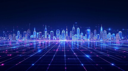 Futuristic city skyline with glowing grid and neon buildings against a dark blue background design art