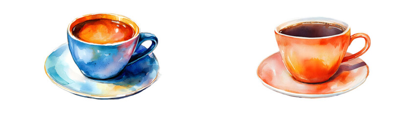 Artistic watercolor of a steaming coffee cup on a saucer, capturing warmth and coziness, perfect for morning beverage-themed designs. isolated