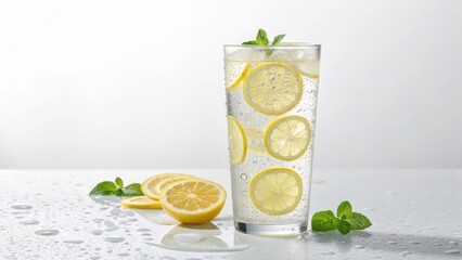 Refreshing lemon water detox drink recipe with mint and ice for healthy lifestyle and wellness concept
