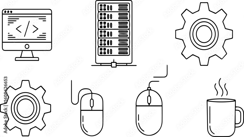 Poster software development line icons - programming, server, computer, mouse, and coffee cup | technical i