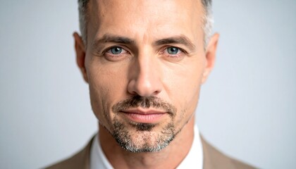 Fototapeta premium Close-up portrait of a man with blue eyes, short graying hair, and a goatee, wearing a suit jacket and collared shirt