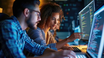 Portrait of two diverse developers using laptop computer, Discussing lines of code that appear on big screens surrounding them, Male and female programmers creating a software together.