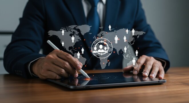 Business professional using stylus on digital world map. Global strategy and targeting concept with human icons.