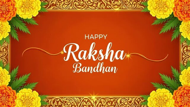 Elegant Raksha Bandhan greeting card with golden ornamental frame and marigold flowers. Festive Indian celebration background for brother and sister.