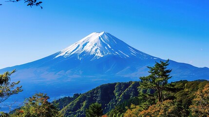 Iconic view of Mount Fuji, Japan's highest peak with a snow-capped conical summit, surrounded by cherry blossoms in spring, vibrant autumn foliage, and the serene waters of Lake Kawaguchi reflecting i