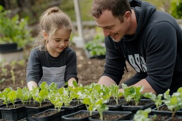 Father and daughter working together in the garden, planting seedlings and spending quality time together while fostering a shared hobby and the joy of fatherhood, Generative AI
