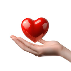 Obraz premium Woman's hand gently cradling a glossy red heart; love, care, and compassion concept; dark background.