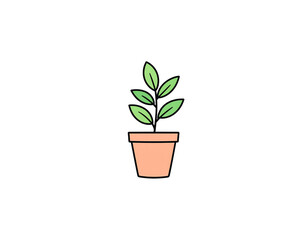 Obraz premium Simple cartoon illustration of a young green sapling in a terracotta pot.
