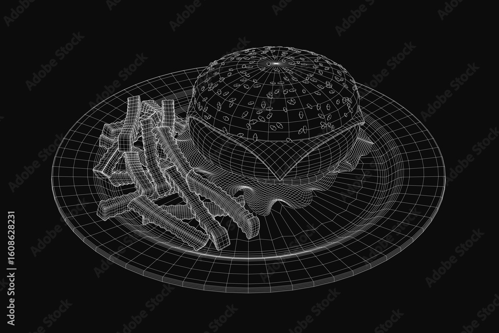 Poster a black and white hamburger illustration with clean white contour lines is centered inside a circle 