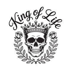 Fototapeta premium Skull with Crown and Roses King of Life Design