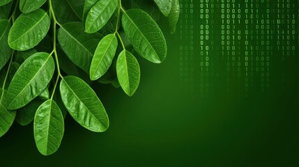 Greenhouse gas control. Leaves with a binary code background, symbolizing nature and technology merging.