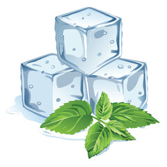 realistic 3d ice cubes vector with green mint leaves 