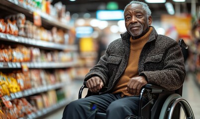 Disabled senior African American man in a wheelchair grocery shopping in a supermarket, symbolizing inclusivity and independence for individuals with disabilities in everyday activities, Generative AI