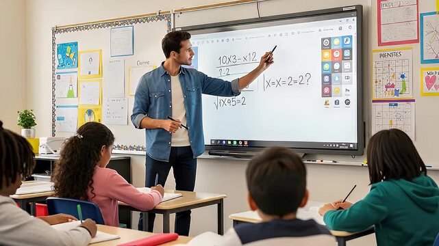Teacher demonstrating math on interactive whiteboard in classroom