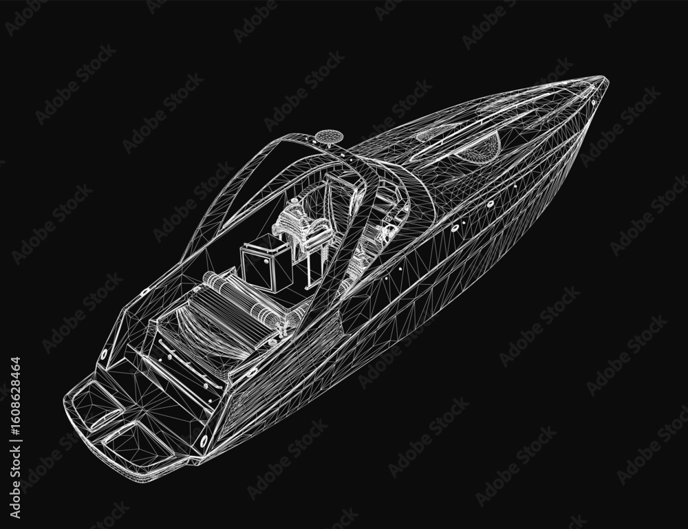 Poster a sleek speedboat wireframe model floats on a black background, showcasing intricate 3d design detai