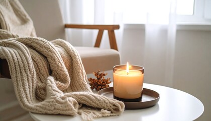 Cozy autumn scene lit candle, knit throw, side table