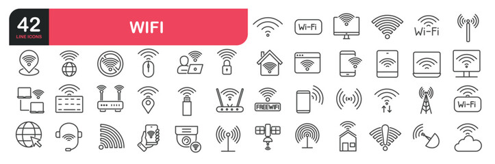 Set of line icons related to WIFI, connection, online, hotspot.  Outline icons collection. Editable stroke. Vector illustration