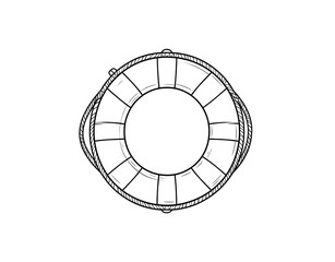 Sketchstyle line art of a nautical lifebuoy preserver with segmented sections and a grab rope.