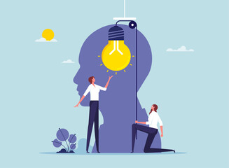 Adding ideas and creativity or find new inspiration to employees concept, reference suggestions, provide ideas or solutions, business team putting idea light bulb into employee’s head