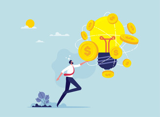 Business idea to make money concept, innovation and creativity to make profit investment, businessman pick up money from lightbulb idea