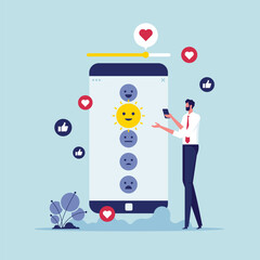 Customer feedback concept, customer satisfaction level, feedback rating with good and bad emotions, man use smart phone for Credit score or satisfaction measurement