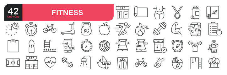 Set of line icons related to fitness, exercise, gym. Outline icons collection. Editable stroke. Vector illustration