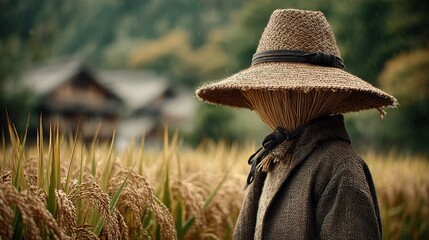 Scarecrow in Rice Field, Rural Landscape, Agriculture, Harvest