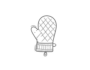 Sleek contour drawing of a quilted oven mitt with a detailed cuff and hanging loop.