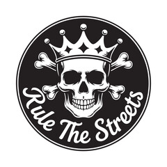 Fototapeta premium Skull with crown and crossbones in a circle design