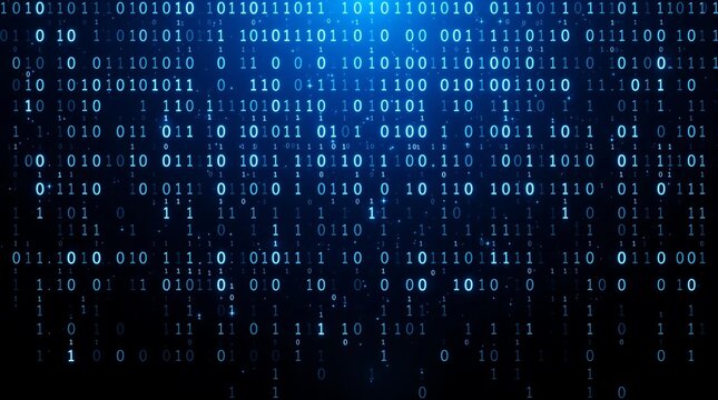 Abstract binary code background with glowing blue digits and subtle light effects over a dark backdrop