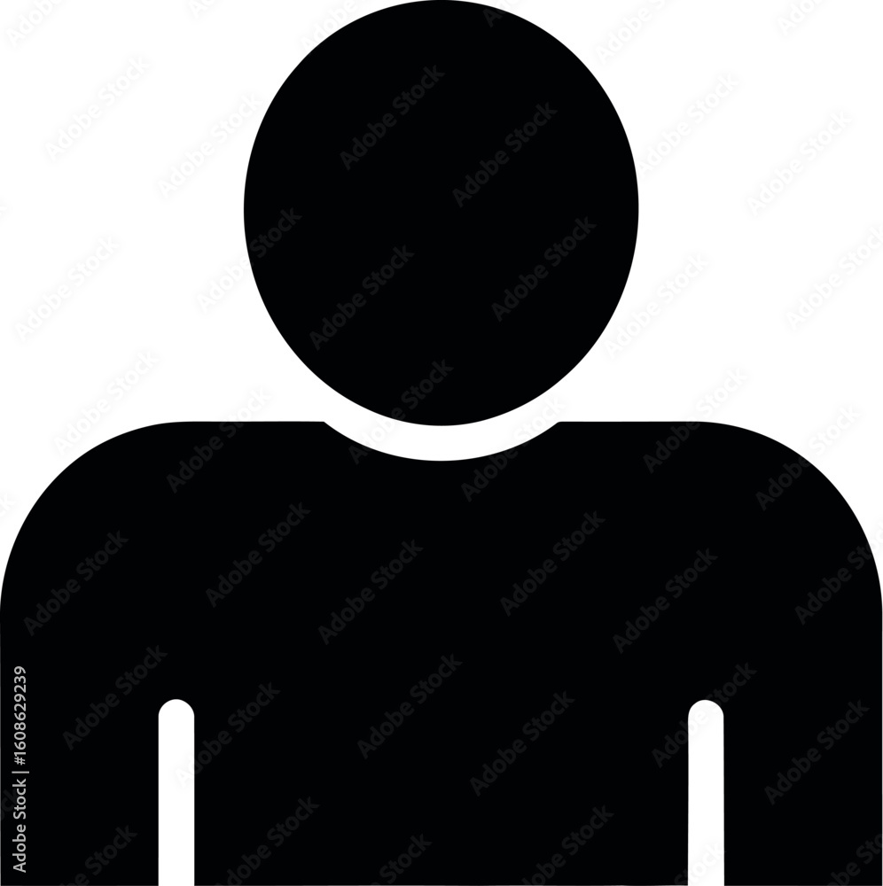 Poster a simple black silhouette of a person icon with a round head and rectangular body on a gray backgrou
