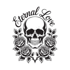 Fototapeta premium Eternal love skull with roses black and white vector