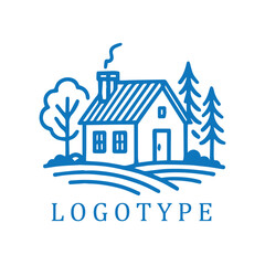 Fototapeta premium Monochrome line art logo of a traditional cottage-style house with a chimney and surrounding trees. The design evokes rustic charm and timeless simplicity with a nostalgic touch.