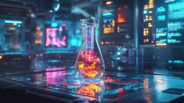 Colorful glowing energy swirling inside a chemistry flask, set in a digital research lab environment with futuristic lights and control panels, showcasing the rise of smart biotechnology systems